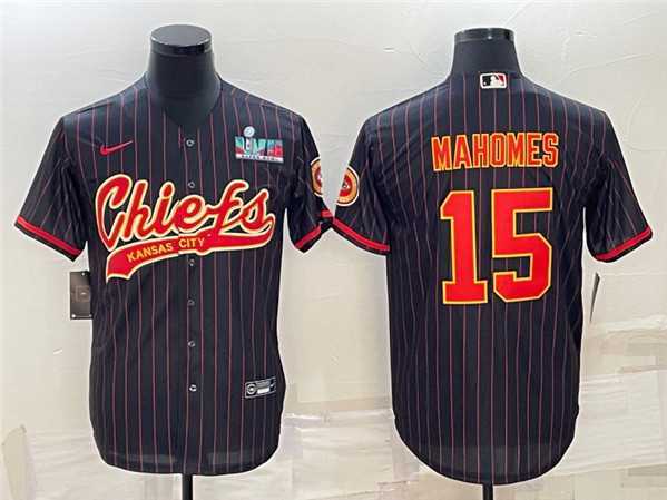 Men%27s Kansas City Chiefs #15 Patrick Mahomes Black With Super Bowl LVII Patch Cool Base Stitched Baseball Jersey->women nfl jersey->Women Jersey